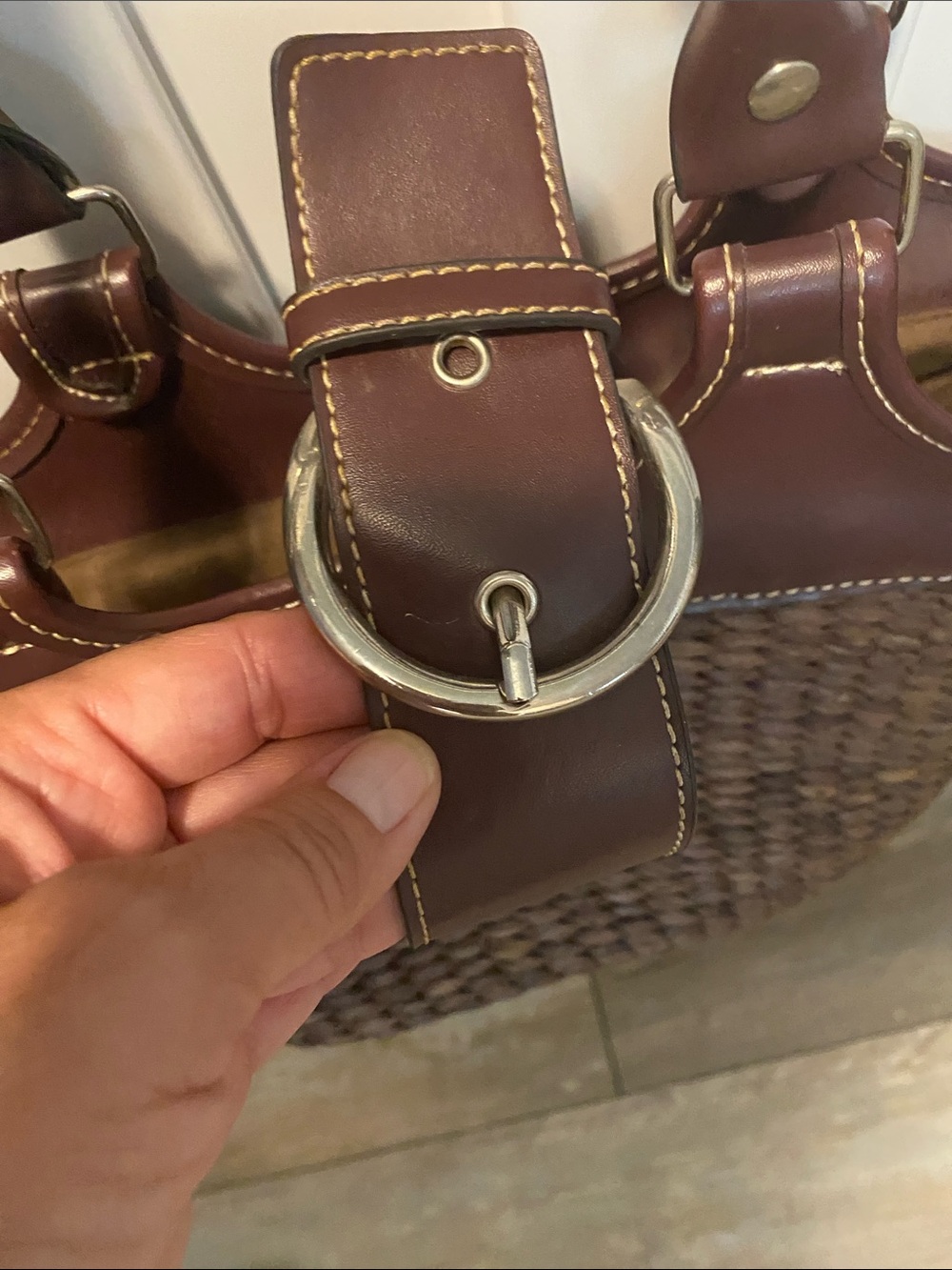 Woven Straw Tote with Brown Leather Trim - Picture 3 of 7